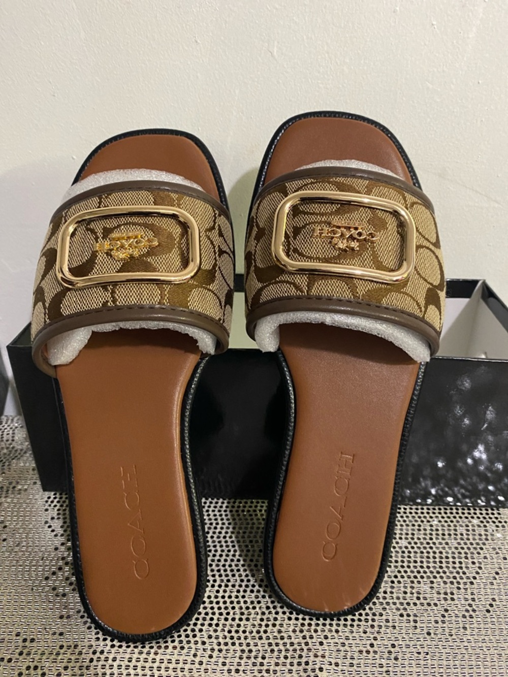 Coach Brown Signature Jacquard Slide Sandals with Gold Buckle - Picture 2 of 5